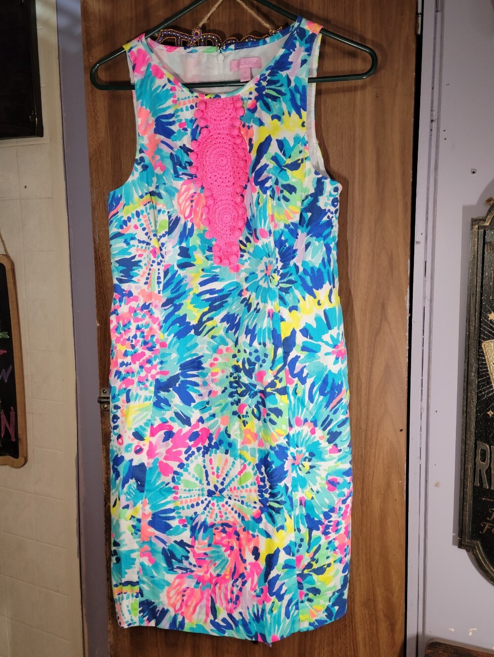 Lilly Pulitzer adara Sleeveless Shift Dress with Pink Crochet Detail dive in tye